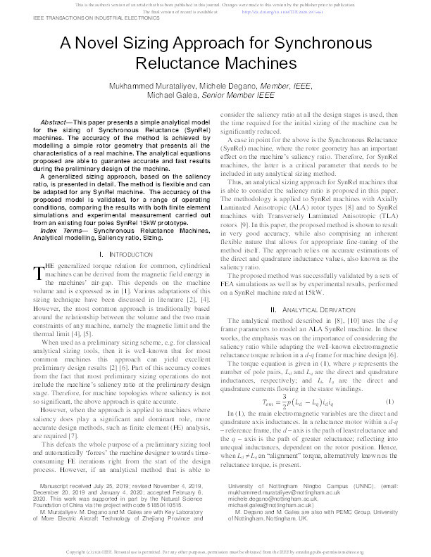 A Novel Sizing Approach for Synchronous Reluctance Machines