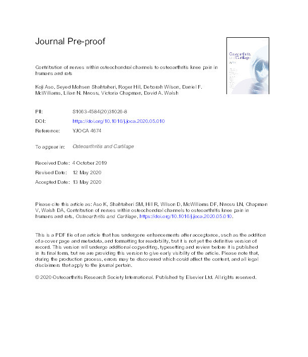 Contribution of nerves within osteochondral channels to osteoarthritis knee pain in humans and rats Thumbnail