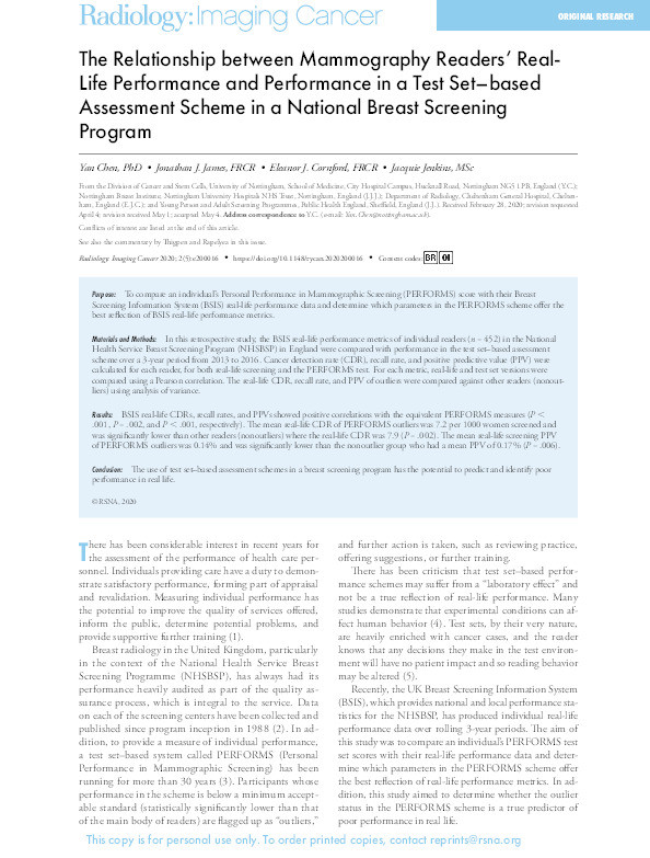 Relationship Between Mammography Readers Real-life Performance and Performance in a Test set Based Assessment Scheme in a National Breast Screening Programme Thumbnail