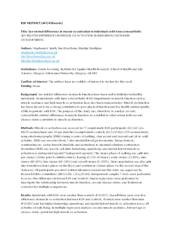 155 Sex-related differences in muscle co-activation in individuals with knee osteoarthritis Thumbnail