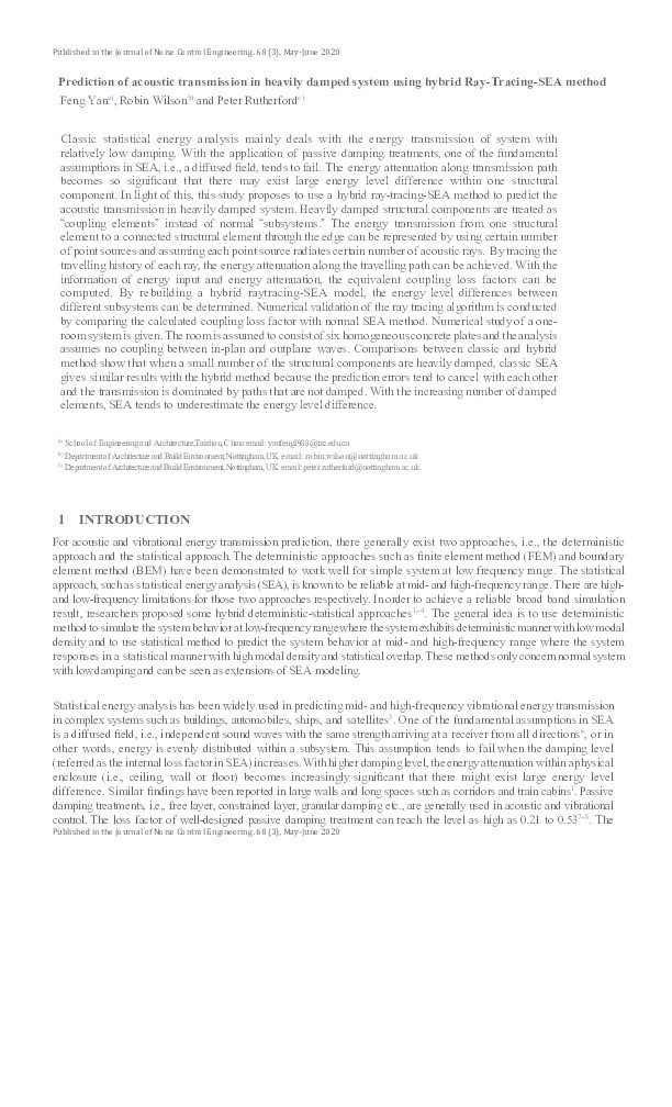 Prediction of acoustic transmission in heavily damped system using hybrid Ray-Tracing-SEA method Thumbnail