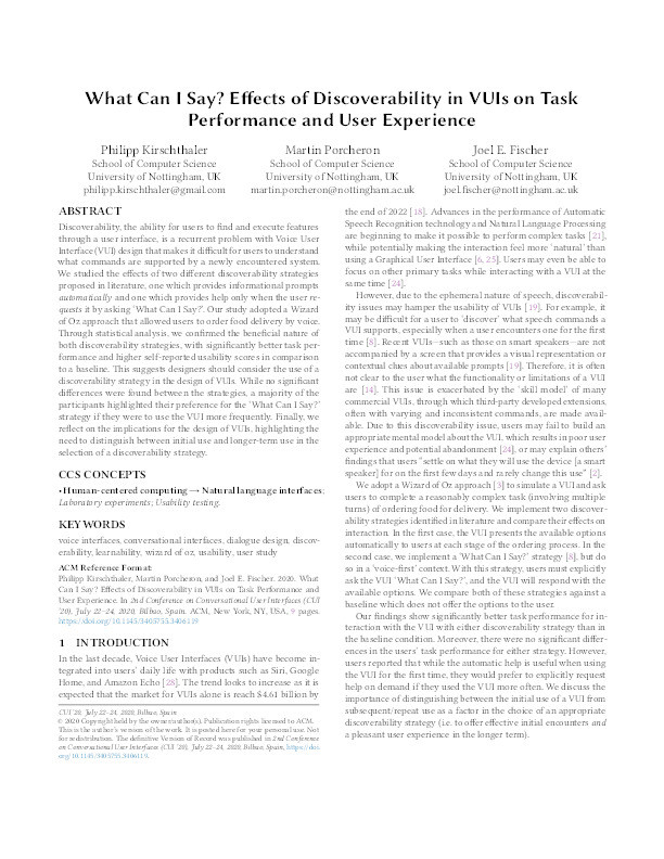 What Can I Say?: Effects of Discoverability in VUIs on Task Performance and User Experience Thumbnail