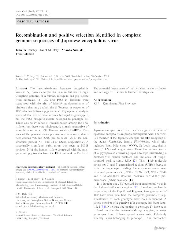 Recombination and positive selection identified in complete genome sequences of Japanese encephalitis virus Thumbnail