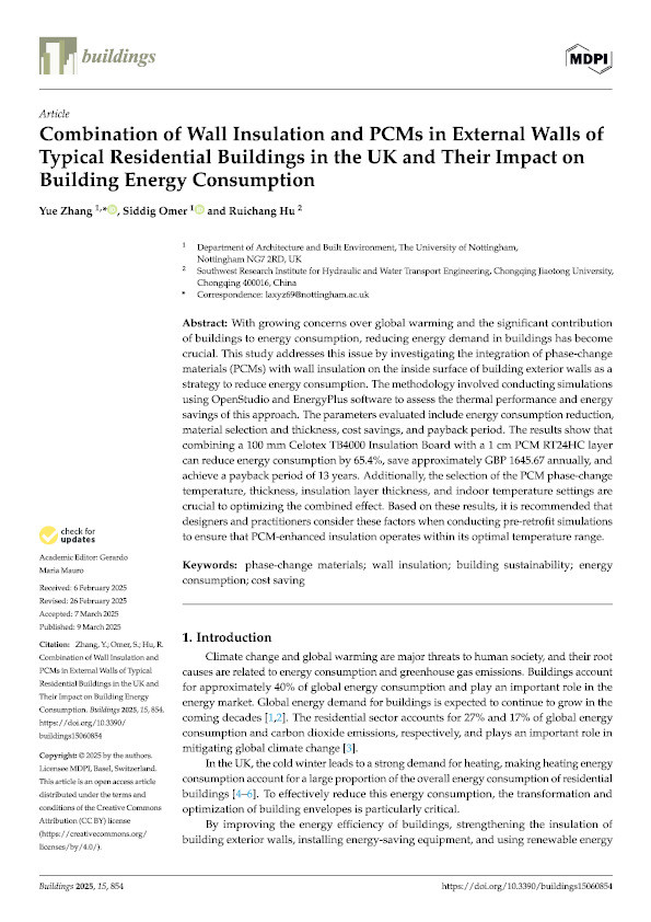 Combination of Wall Insulation and PCMs in External Walls of Typical Residential Buildings in the UK and  Their Impact on Building Energy Consumption Thumbnail