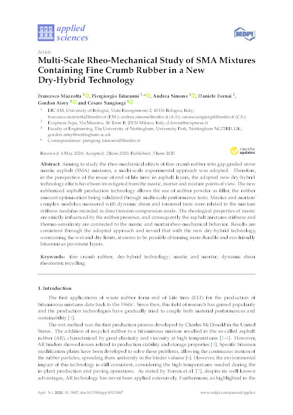 Multi-Scale Rheo-Mechanical Study of SMA Mixtures Containing Fine Crumb Rubber in a New Dry-Hybrid Technology Thumbnail