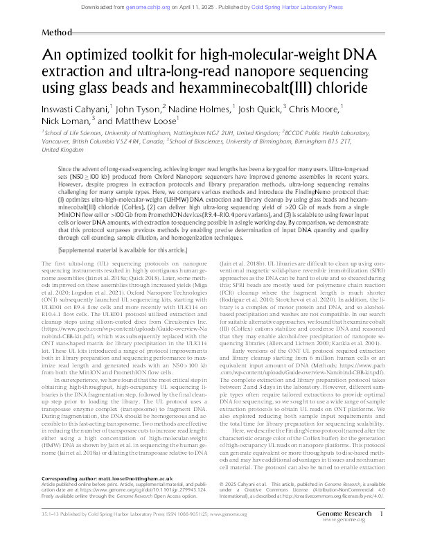 An optimised toolkit for high molecular weight DNA extraction and ultra-long-read nanopore sequencing using glass beads and hexamminecobalt(III) chloride Thumbnail