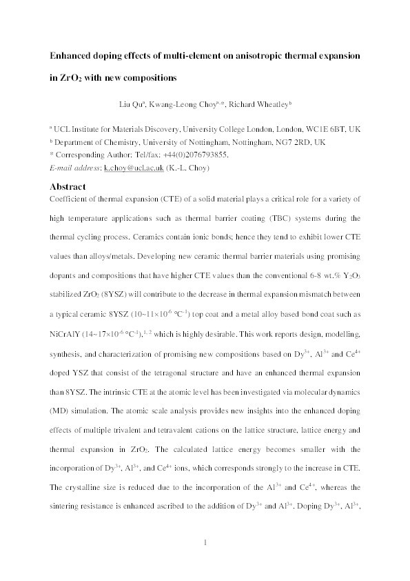 Enhanced doping effects of multi‐element on anisotropic thermal expansion in ZrO2  with new compositions Thumbnail