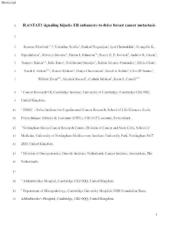 IL6/STAT3 Signaling Hijacks Estrogen Receptor ? Enhancers to Drive Breast Cancer Metastasis Thumbnail