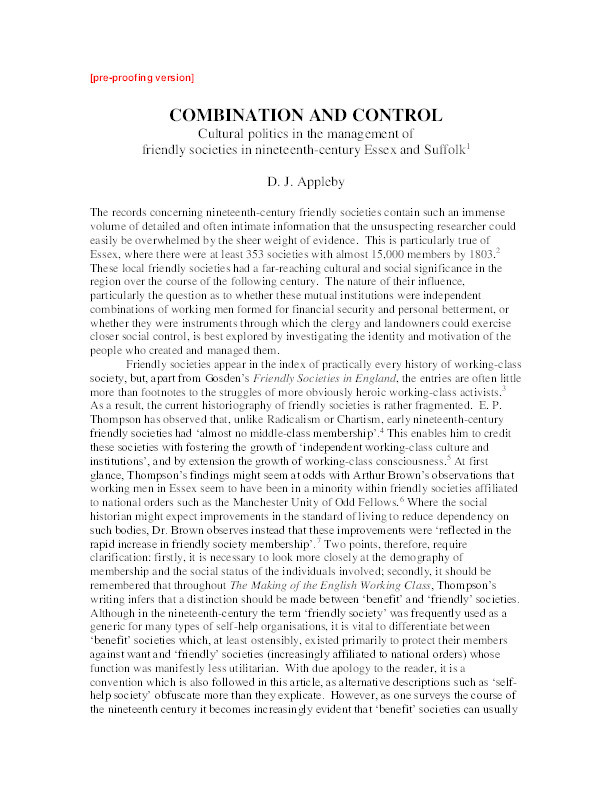 Combination and control: Cultural politics in the management of friendly societies in nineteenth-century Essex and Suffolk Thumbnail