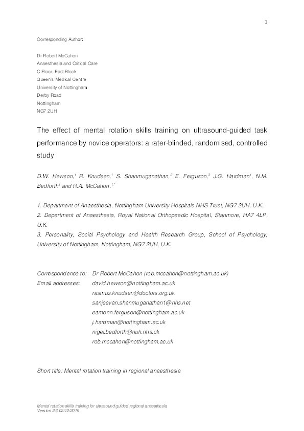 Effect of mental rotation skills training on ultrasound-guided regional anaesthesia task performance by novice operators: a rater-blinded, randomised, controlled study Thumbnail