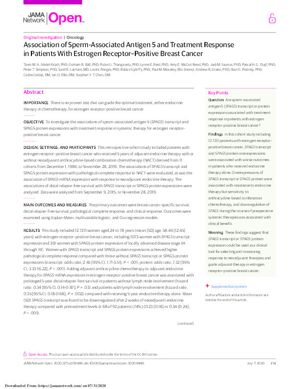Association of Sperm-Associated Antigen 5 and Treatment Response in Patients With Estrogen Receptor–Positive Breast Cancer Thumbnail
