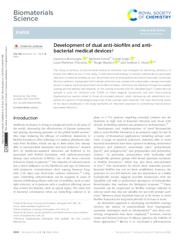 Development of dual anti-biofilm and anti-bacterial medical devices Thumbnail