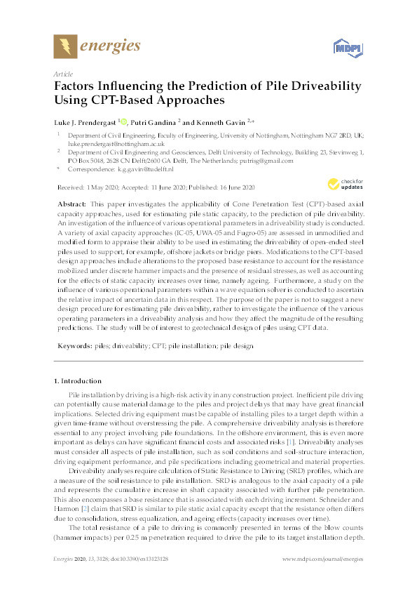 Factors Influencing the Prediction of Pile Driveability Using CPT-Based Approaches Thumbnail