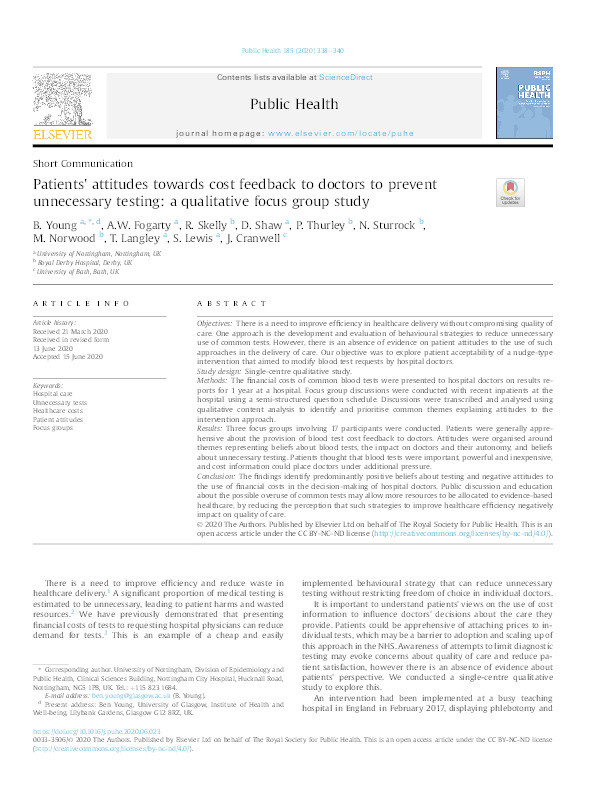 Patients' attitudes towards cost feedback to doctors to prevent unnecessary testing: a qualitative focus group study Thumbnail