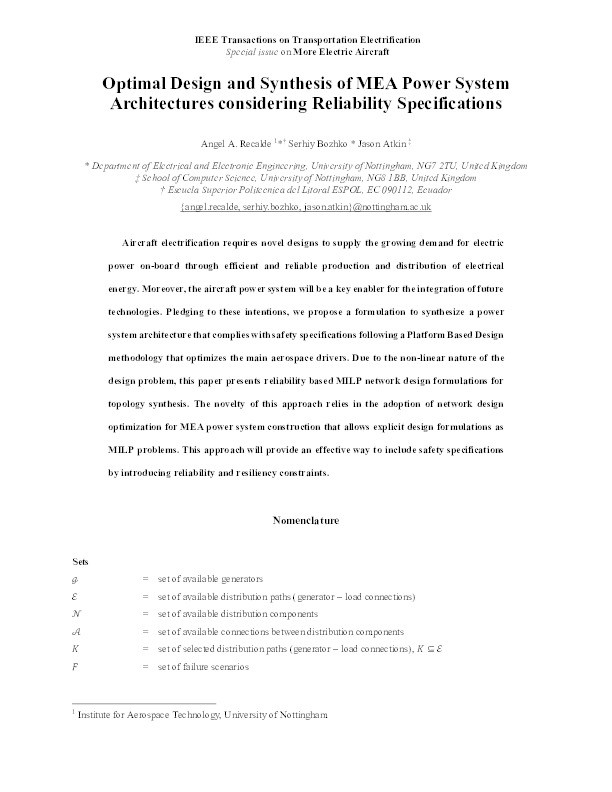 Optimal Design and Synthesis of MEA Power System Architectures considering Reliability Specifications Thumbnail