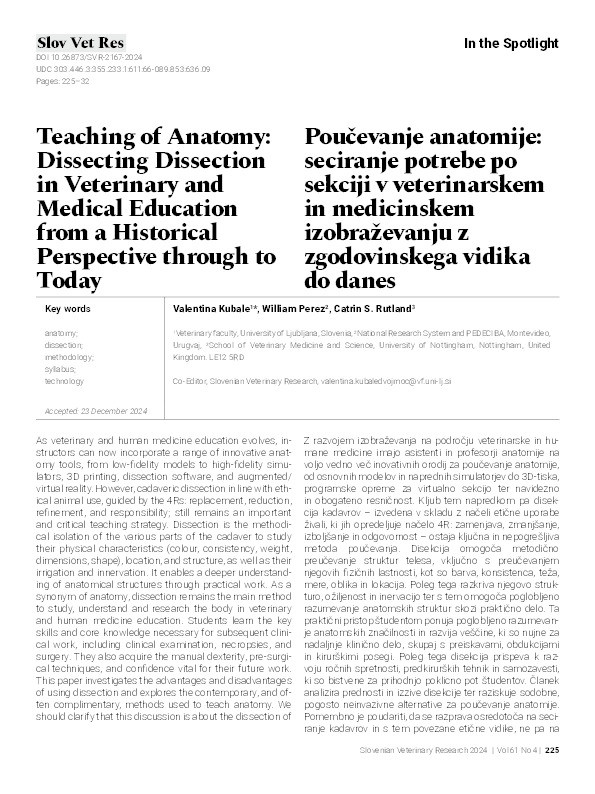 Teaching of Anatomy: Dissecting Dissection in Veterinary and Medical Education from a Historical Perspective through to Today Thumbnail
