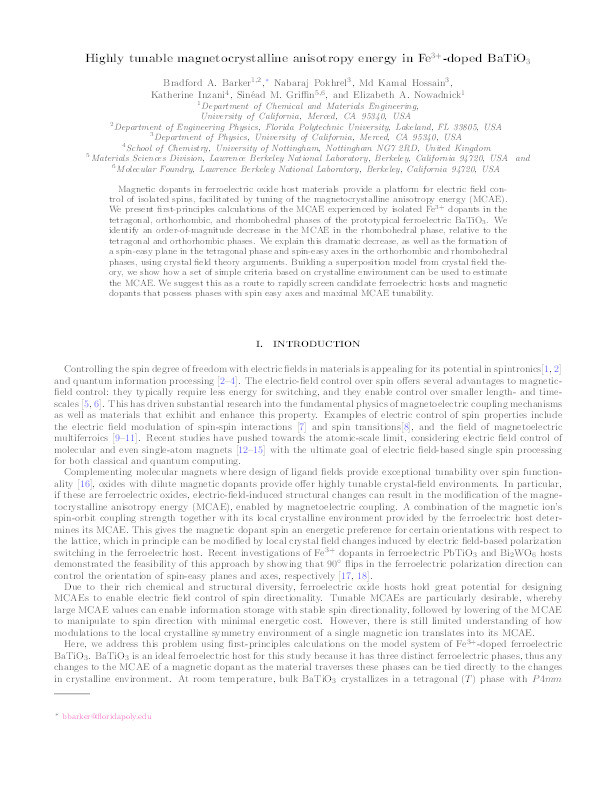 Highly tunable magnetocrystalline anisotropy energy in Fe3+ -doped BaTiO3 Thumbnail