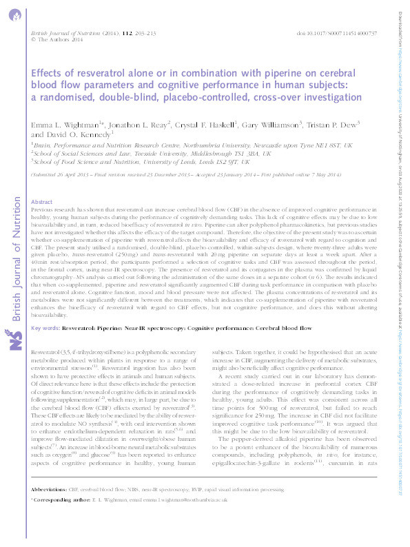 Effects of resveratrol alone or in combination with piperine on cerebral blood flow parameters and cognitive performance in human subjects: a randomised, double-blind, placebo-controlled, cross-over investigation Thumbnail