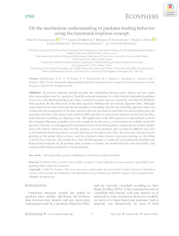 On the mechanistic understanding of predator feeding behavior using the functional response concept Thumbnail