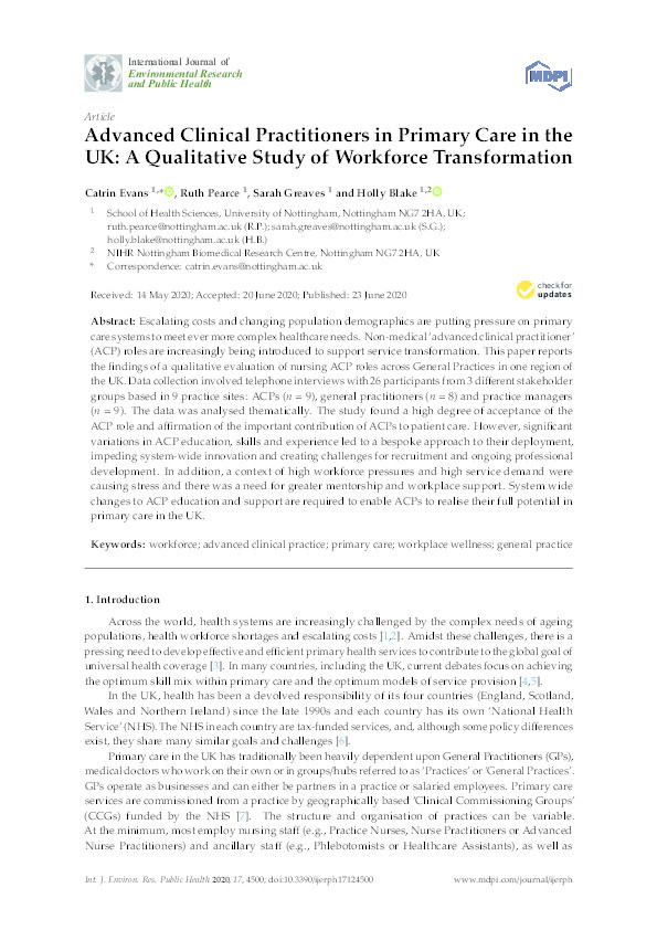 Advanced clinical practitioners in primary care in the UK: A qualitative study of workforce transformation Thumbnail