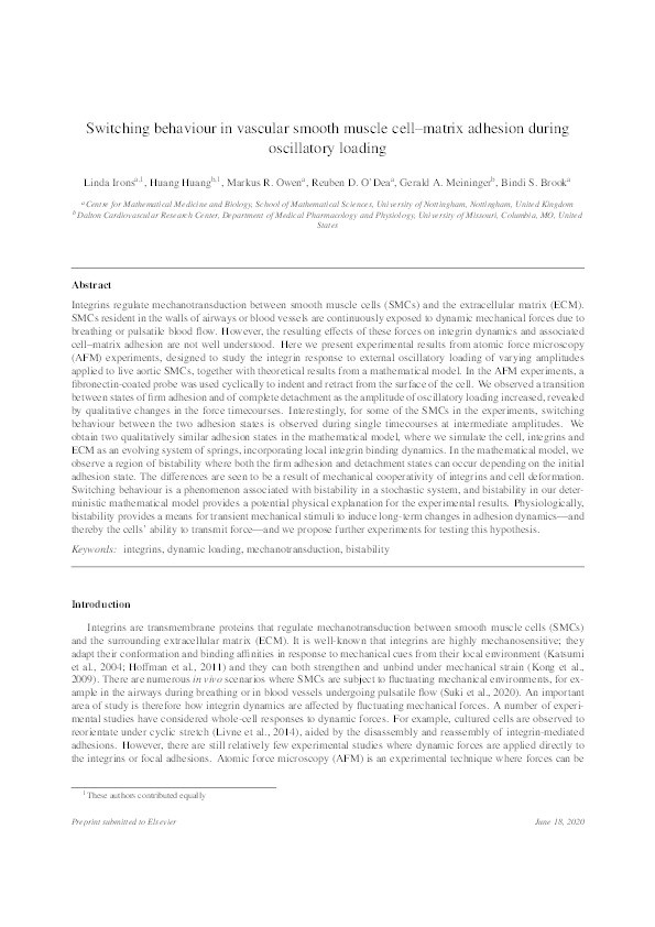 Switching behaviour in vascular smooth muscle cell–matrix adhesion during oscillatory loading Thumbnail