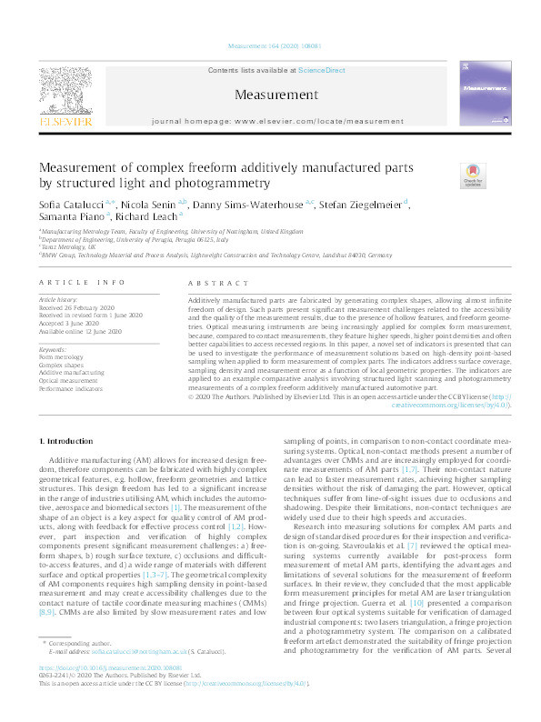 Measurement of complex freeform additively manufactured parts by structured light and photogrammetry Thumbnail