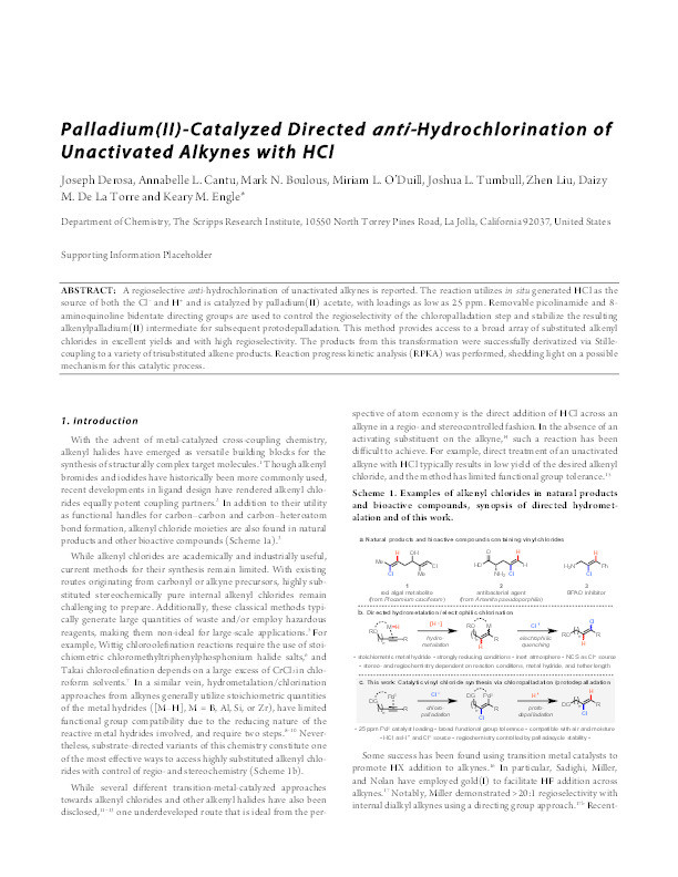 Palladium(II)-Catalyzed Directed anti-Hydrochlorination of Unactivated Alkynes with HCl Thumbnail