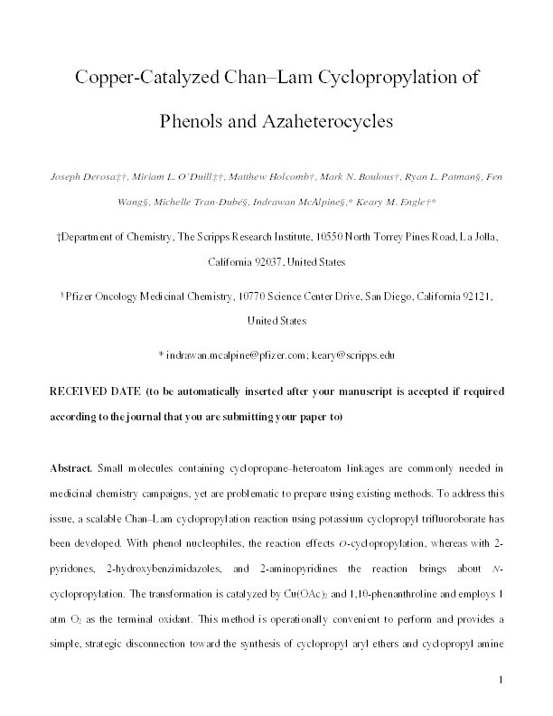 Copper-Catalyzed Chan–Lam Cyclopropylation of Phenols and Azaheterocycles Thumbnail