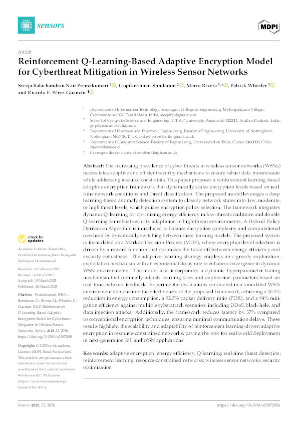 Reinforcement Q-Learning-Based Adaptive Encryption Model for Cyberthreat Mitigation in Wireless Sensor Networks Thumbnail
