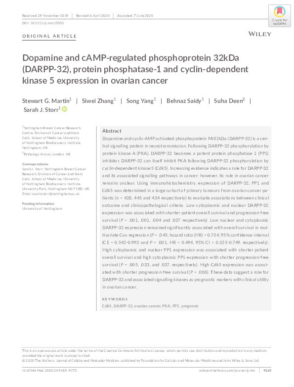 Dopamine and cAMP‐regulated phosphoprotein 32kDa (DARPP‐32), protein phosphatase‐1 and cyclin‐dependent kinase 5 expression in ovarian cancer Thumbnail