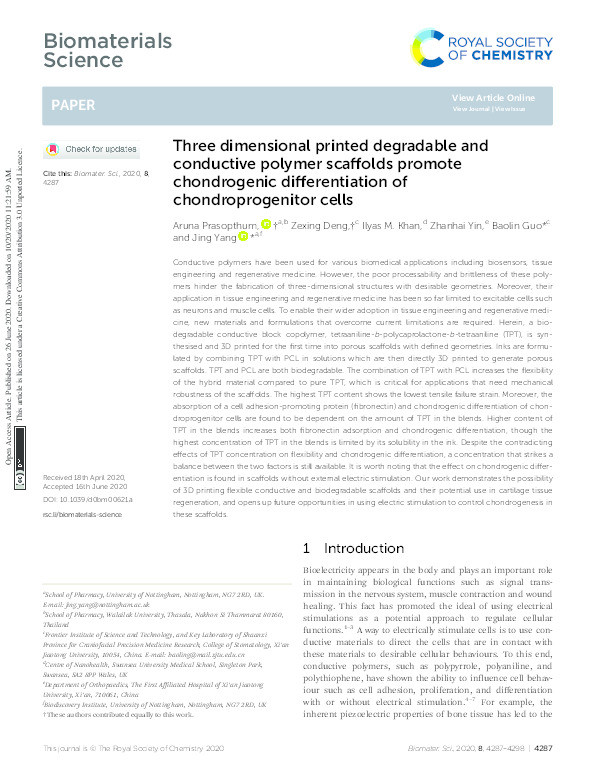 Three dimensional printed degradable and conductive polymer scaffolds promote chondrogenic differentiation of chondroprogenitor cells Thumbnail