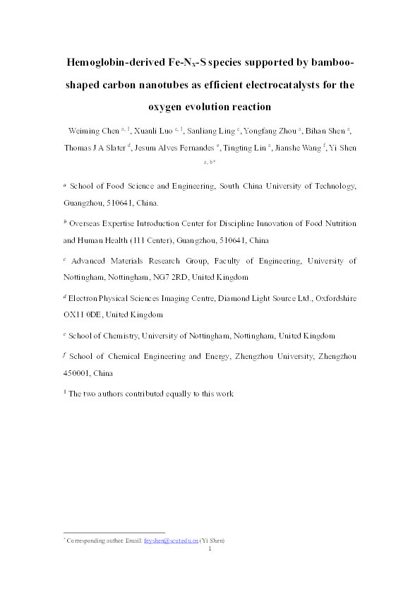 Hemoglobin-derived Fe-Nx-S species supported by bamboo-shaped carbon nanotubes as efficient electrocatalysts for the oxygen evolution reaction Thumbnail