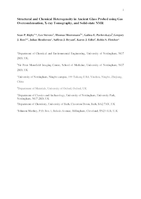 Structural and chemical heterogeneity in ancient glass probed using gas overcondensation, X-ray tomography, and solid-state NMR Thumbnail