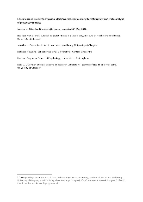 Loneliness as a predictor of suicidal ideation and behaviour: a systematic review and meta-analysis of prospective studies Thumbnail