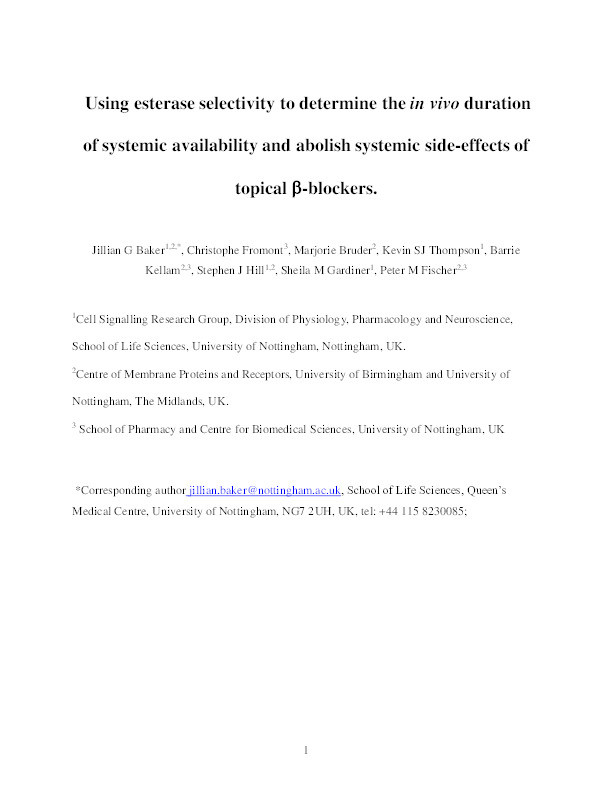 Using Esterase Selectivity to Determine the in Vivo Duration of Systemic Availability and Abolish Systemic Side Effects of Topical β-Blockers Thumbnail