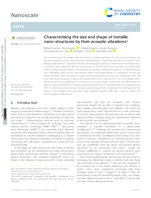 Characterising the size and shape of metallic nano-structures by their acoustic vibrations Thumbnail