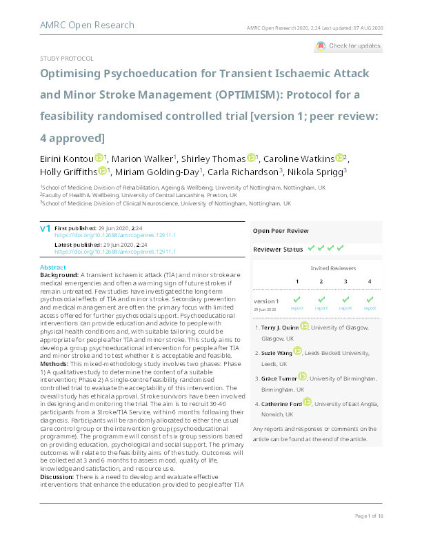 Optimising Psychoeducation for Transient Ischaemic Attack and Minor Stroke Management (OPTIMISM): Protocol for a feasibility randomised controlled trial Thumbnail