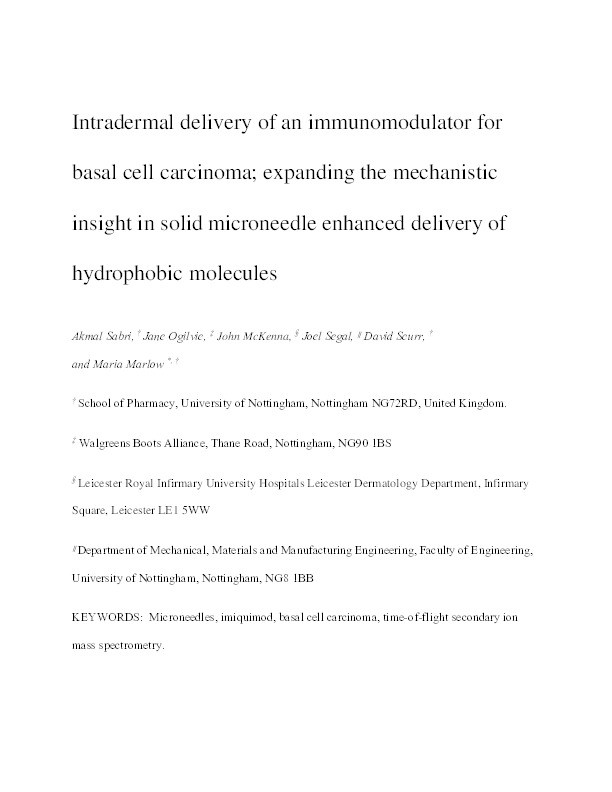 Intradermal Delivery of an Immunomodulator for Basal Cell Carcinoma; Expanding the Mechanistic Insight into Solid Microneedle-Enhanced Delivery of Hydrophobic Molecules Thumbnail