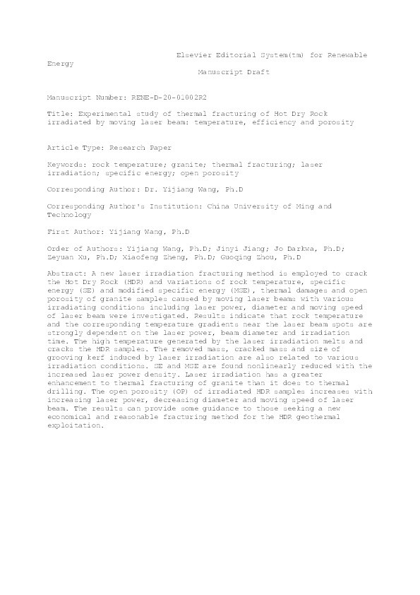 Experimental study of thermal fracturing of Hot Dry Rock irradiated by moving laser beam: Temperature, efficiency and porosity Thumbnail