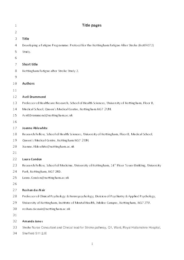 Developing a fatigue programme: Protocol for the Nottingham Fatigue After Stroke (NotFAST2) study Thumbnail