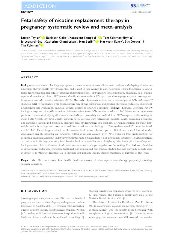 Fetal safety of nicotine replacement therapy in pregnancy: systematic review and meta?analysis Thumbnail