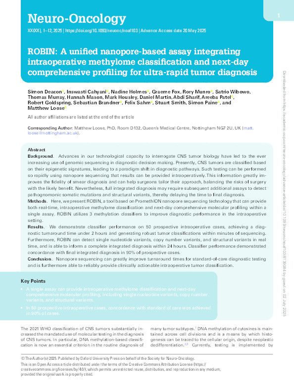 ROBIN: A unified nanopore-based assay integrating intraoperative methylome classification and next-day comprehensive profiling for ultra-rapid tumor diagnosis Thumbnail