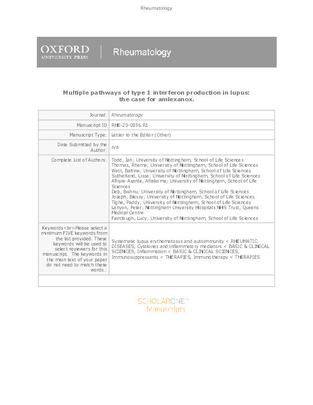 Multiple pathways of type 1 interferon production in lupus: the case for amlexanox Thumbnail