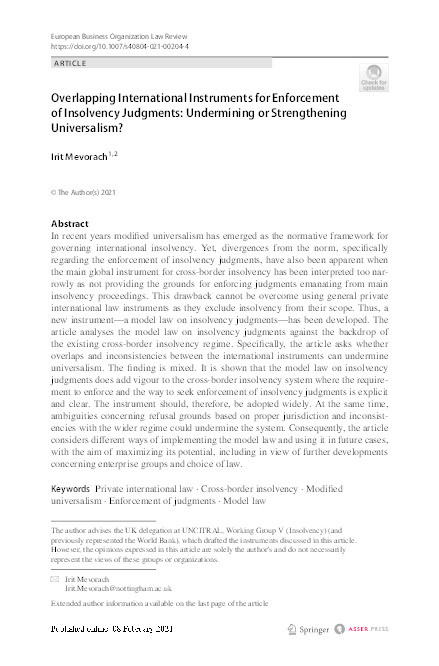 Overlapping International Instruments for Enforcement of Insolvency Judgments: Undermining or Strengthening Universalism? Thumbnail