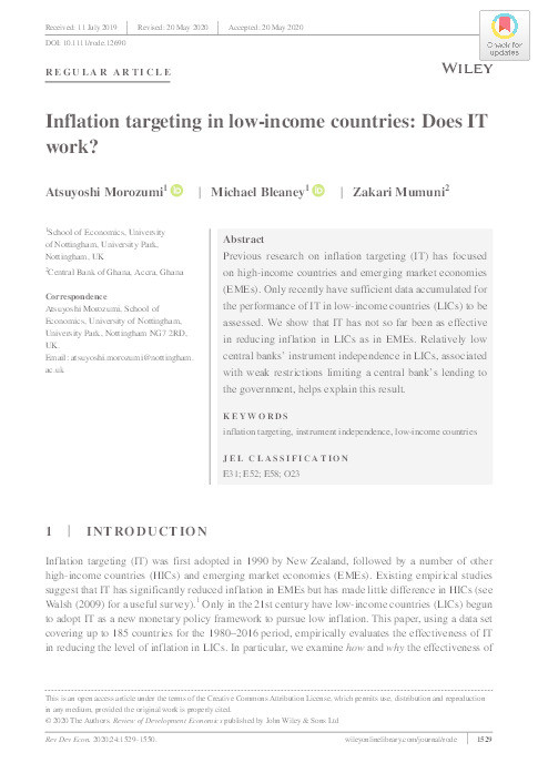 Inflation targeting in low‐income countries: Does IT work? Thumbnail