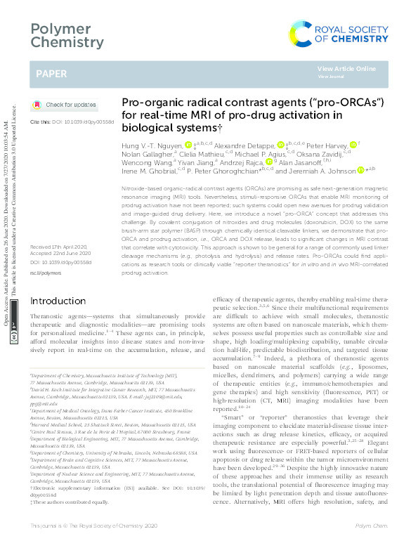 Pro-organic radical contrast agents (“pro-ORCAs”) for real-time MRI of pro-drug activation in biological systems Thumbnail
