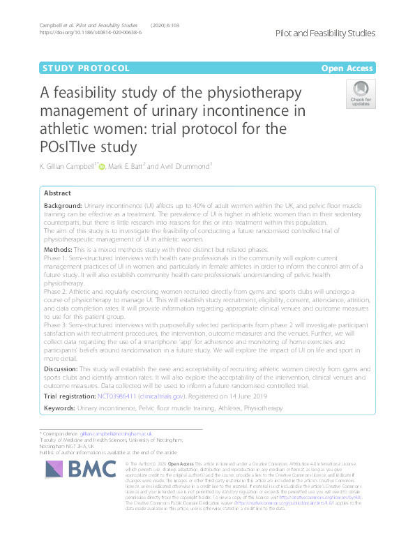 A feasibility study of the physiotherapy management of urinary incontinence in athletic women: trial protocol for the POsITIve study Thumbnail