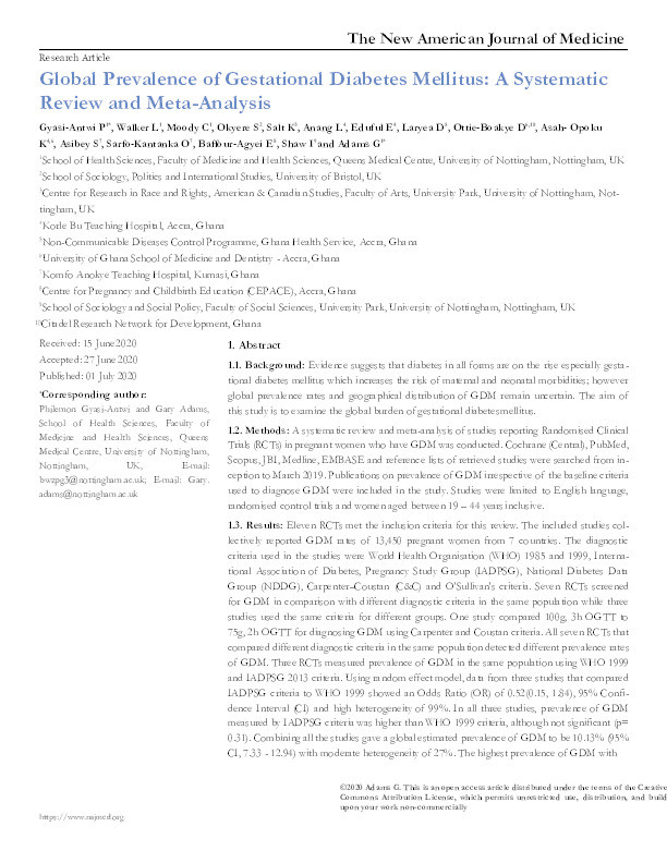 Global Prevalence of Gestational Diabetes Mellitus: A Systematic Review and Meta-Analysis Thumbnail