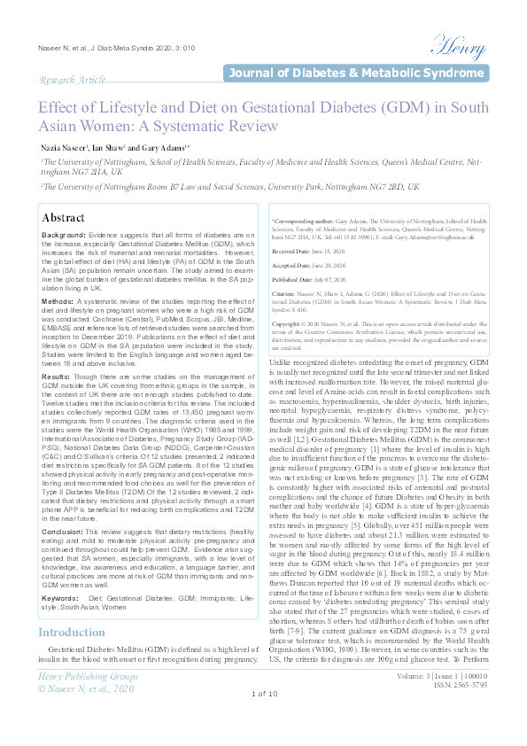 Effect of Lifestyle and Diet on Gestational Diabetes (GDM) in South Asian Women: A Systematic Review Thumbnail