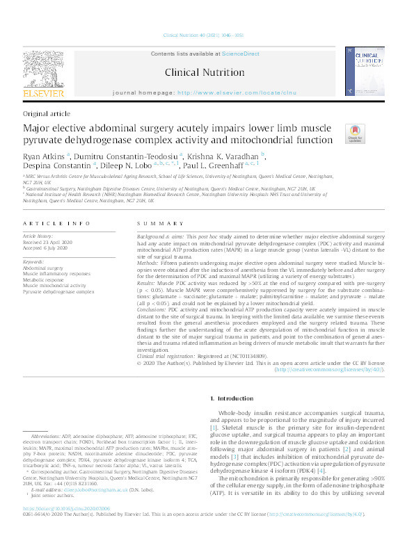 Major elective abdominal surgery acutely impairs lower limb muscle pyruvate dehydrogenase complex activity and mitochondrial function Thumbnail